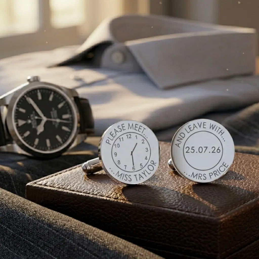 A pair of personalised round rhodium-plated wedding cufflinks engraved with a ceremony clock face and wedding date, resting elegantly on a brown leather watch box next to a luxury dress shirt and watch.
