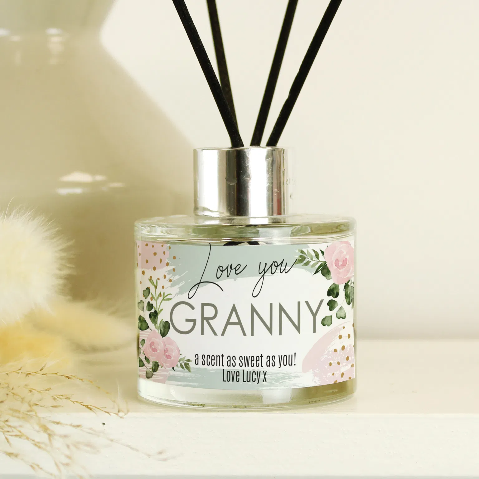 Personalised Abstract Rose Reed Diffuser for Granny with pink floral details.