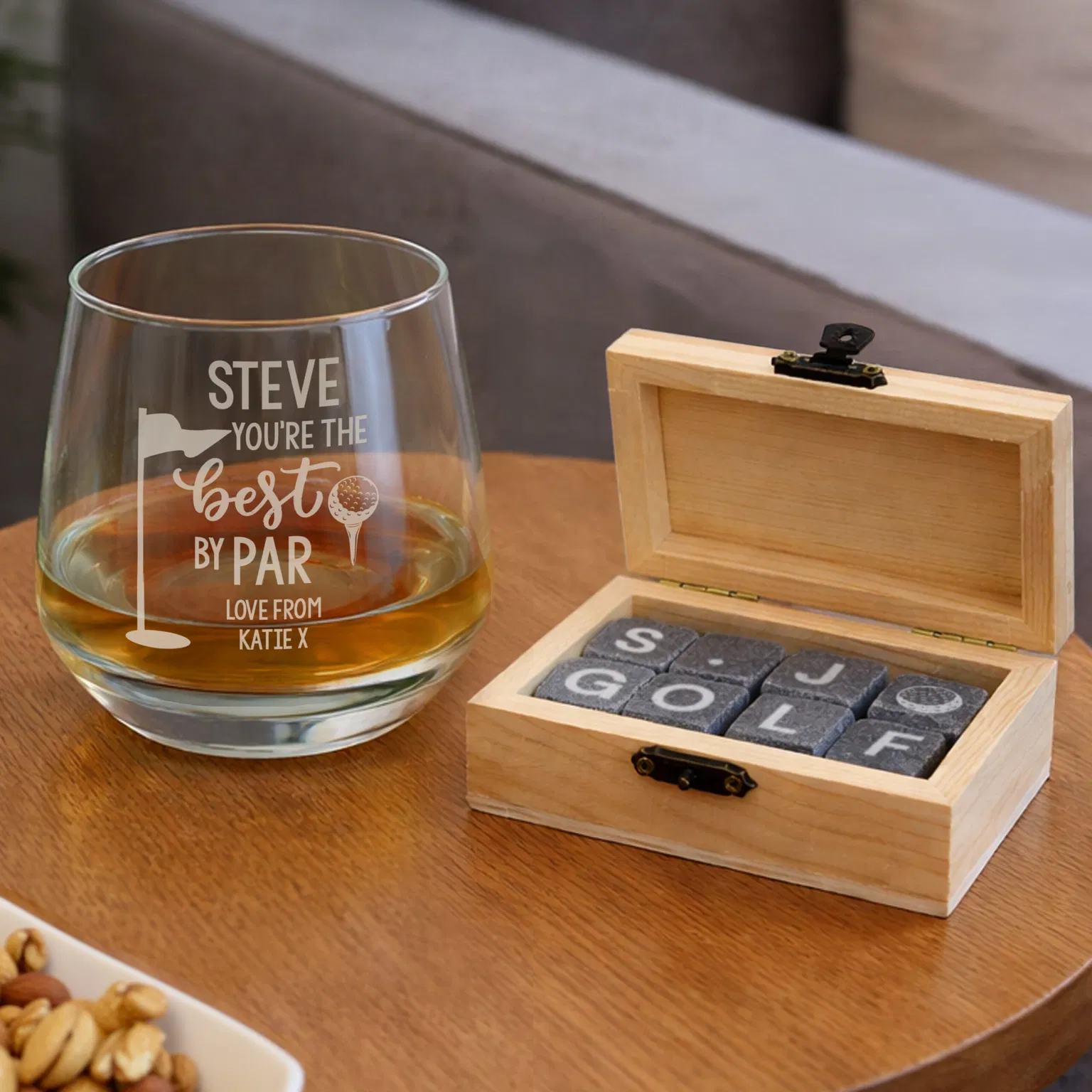 Personalised Best By Par whisky tumbler and engraved whisky stones in a wooden box.