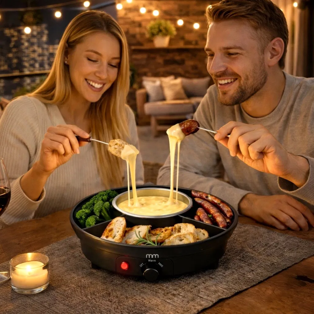 A smiling man and woman sit at a wooden dining table at night, using long forks to lift bread and sausage covered in melted cheese from a black electric fondue set. The central metal pot holds warm cheese sauce, while the surrounding black tray compartments are filled with broccoli florets, bread slices, and sausages. Warm fairy lights and a lit candle create a cosy ambient background.
