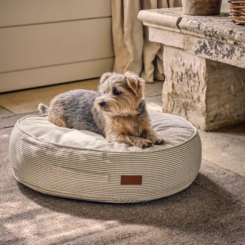 A small terrier dog lying on a sage green striped oval cotton pet cushion.
