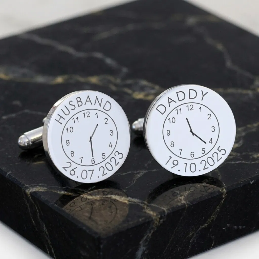 A pair of personalised silver finish round cufflinks engraved with Husband and Daddy alongside custom clock face time stamps, standing upright on a luxury square block of black marble with gold veins.