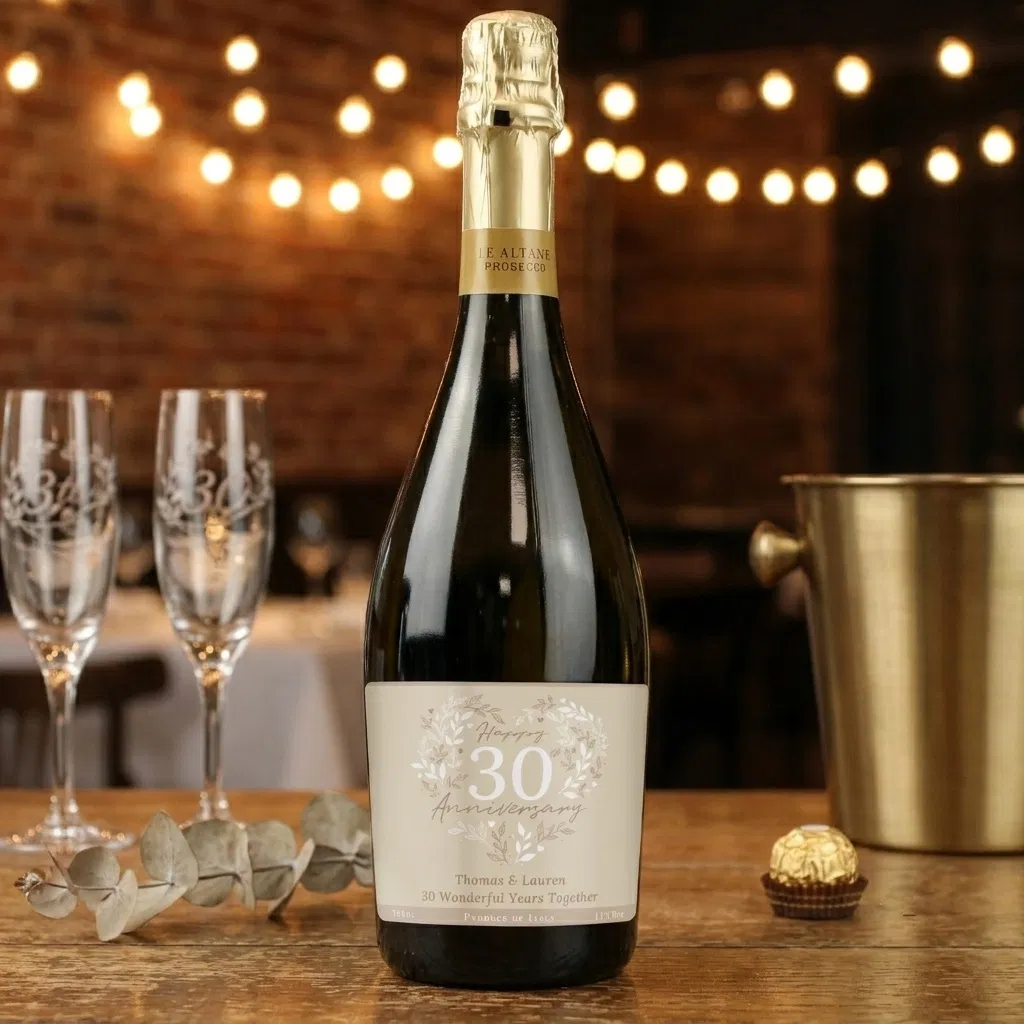 A bottle of personalised 30th Pearl Wedding Anniversary Prosecco from Abode Home & Gifts, featuring a custom pearl-toned label that reads Thomas and Lauren 30 Wonderful Years Together.