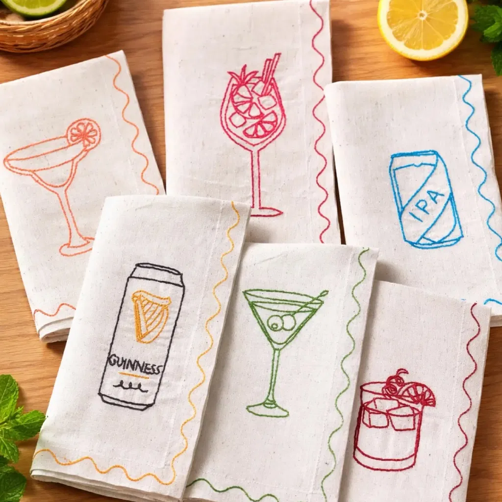 Set of six white napkins with colourful embroidered drinks including Aperol Spritz, Guinness, and Martini with scalloped edges.