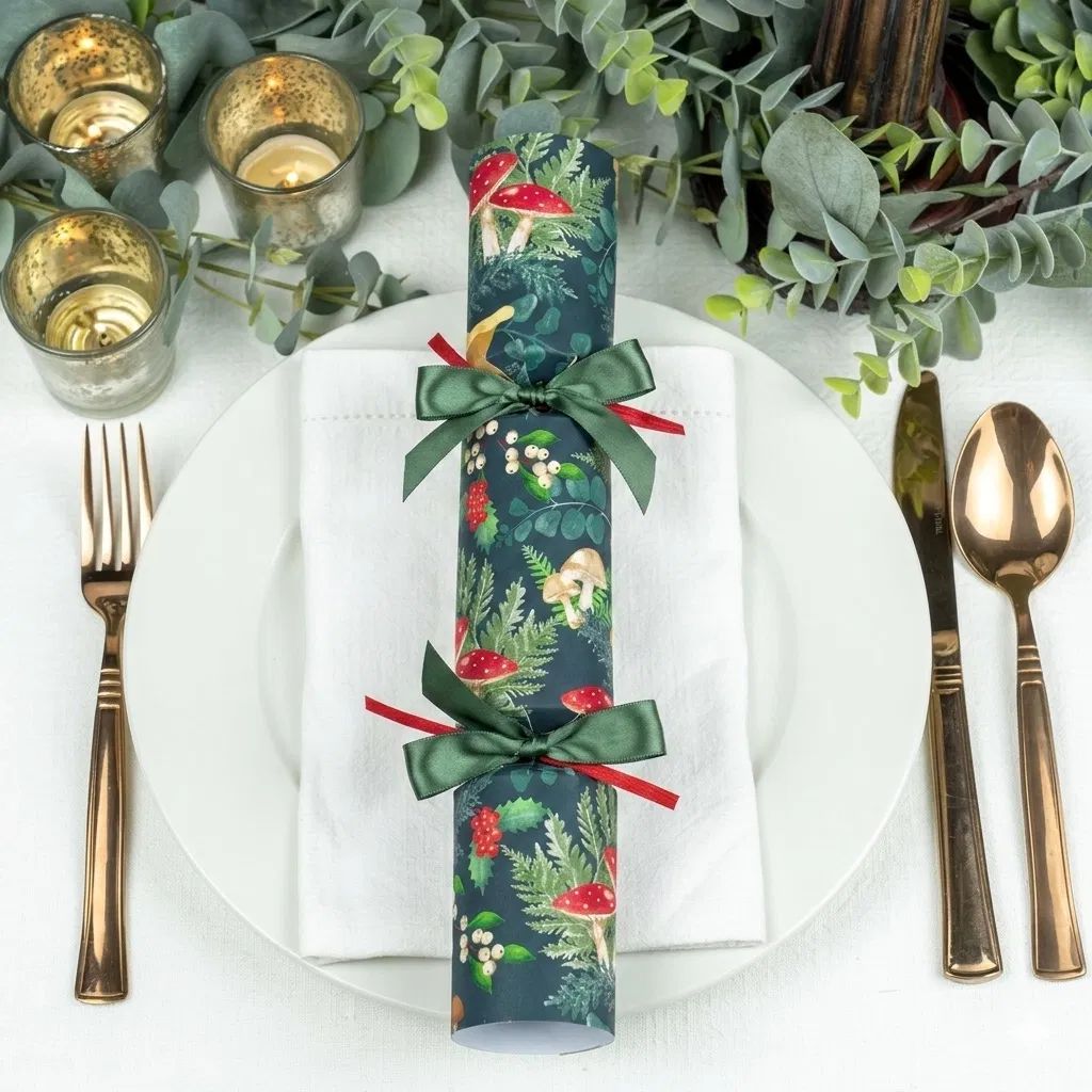 Six dark green Christmas crackers with a toadstool pattern on a decorated festive dinner table.